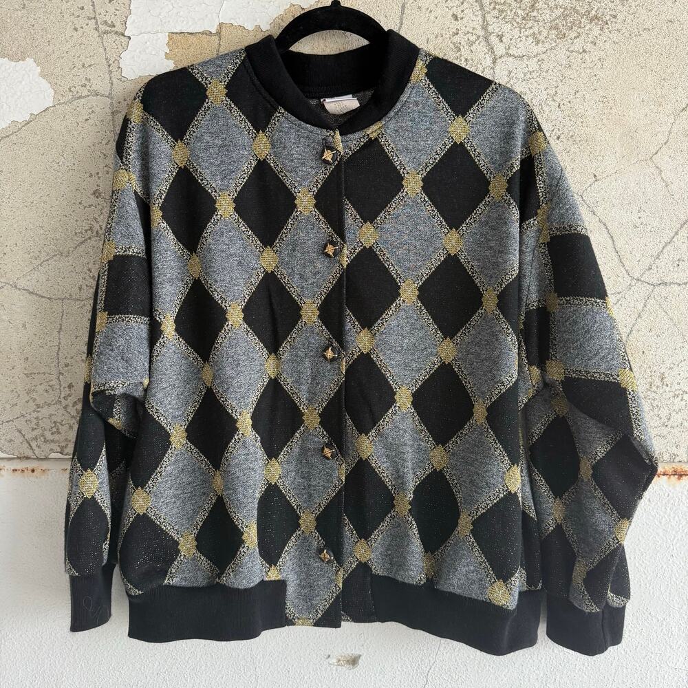 Vtg 80s Cardigan Metallic Argyle Knit Jacket Black Gold Graff USA Retro Womens L
